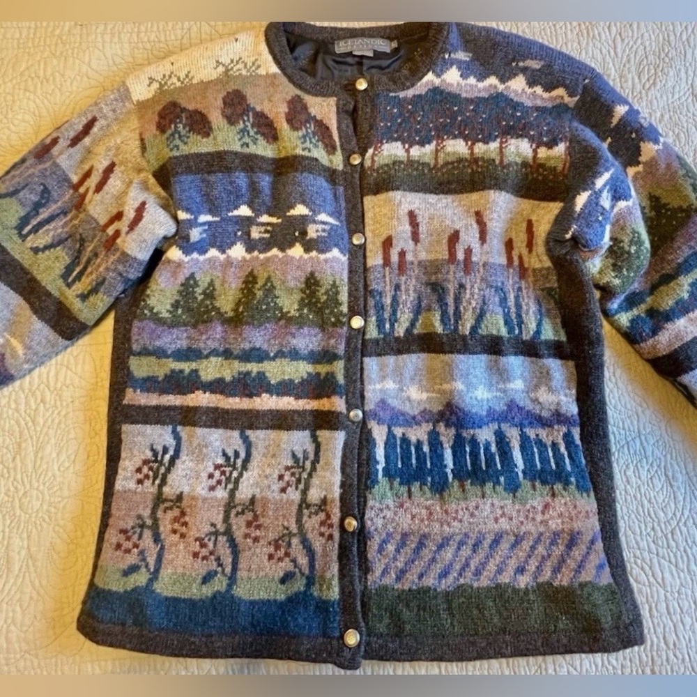 Icelandic Designs Scenic Patterned Women's Wool Cardigan Large